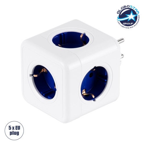 GLOBOSTAR® POWERCUBE 79629 Πολύπριζο 5 Θέσεων με 5 x EU Schuko Πρίζες Ασφαλείας Childproof AC 220-240V 3680W/16A Max Load IP20 - Λευκό & Μπλε - Μ7.5 x Π11.5 x Υ7.5cm