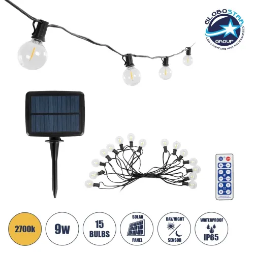 GLOBOSTAR® TWILIGHT 79667 Μοντέρνο Φωτιστικό Κήπου Γιρλάντα 7.5m με 15 Λάμπες & IR Ασύρματο Χειριστήριο LED 9W 810lm 360° DC 3.7V με Φωτοβολταϊκό Panel 5.5V 1.5W & Επαναφορτιζόμενη Μπαταρία Li-ion 3.6V 1x18650 2200mAh Αδιάβροχο IP65 Θερμό Λευκό 27