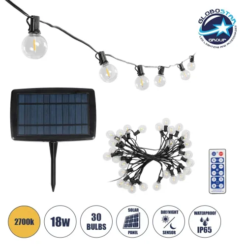GLOBOSTAR® TWILIGHT 79668 Μοντέρνο Φωτιστικό Κήπου Γιρλάντα 10.5m με 30 Λάμπες & IR Ασύρματο Χειριστήριο LED 18W 1620lm 360° DC 3.7V με Φωτοβολταϊκό Panel 5.5V 3W & Επαναφορτιζόμενη Μπαταρία Li-ion 3.6V 2x18650 4400mAh Αδιάβροχο IP65 Θερμό Λευκό 2