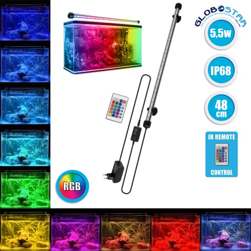 GLOBOSTAR® AQUARIUS 79673 Φωτιστικό Ενυδρείου με IR Ασύρματο Χειριστήριο LED 5.5W 275lm 180° AC 220-240V Αδιάβροχο IP68 Πολύχρωμο RGB Dimmable - Sanan SMD Chip - Μαύρο - Μ48 x Π2.5 x Υ2.5cm - 2 Χρόνια Εγγύηση