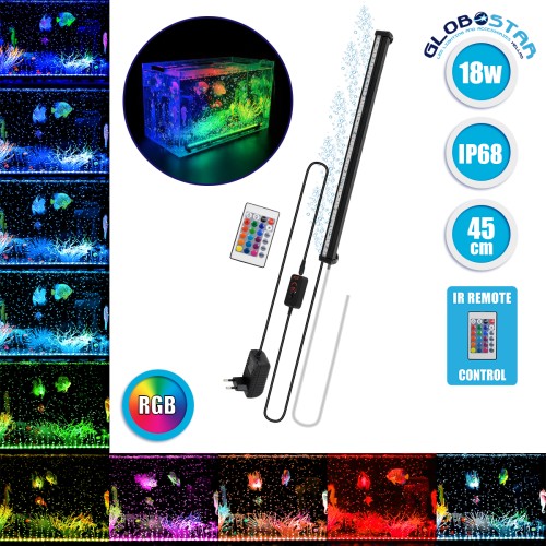 GLOBOSTAR® AQUARIUS 79676 Φωτιστικό Ενυδρείου με Οξυγονωτή & IR Ασύρματο Χειριστήριο LED 18W 900lm 180° AC 220-240V Αδιάβροχο IP68 Πολύχρωμο RGB Dimmable - Sanan SMD Chip - Μαύρο - Μ45 x Π2.8 x Υ1.3cm - 2 Χρόνια Εγγύηση