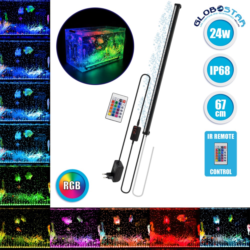 GLOBOSTAR® AQUARIUS 79677 Φωτιστικό Ενυδρείου με Οξυγονωτή & IR Ασύρματο Χειριστήριο LED 24W 1200lm 180° AC 220-240V Αδιάβροχο IP65 Πολύχρωμο RGB Dimmable - Sanan SMD Chip - Μαύρο - Μ67 x Π2.8 x Υ1.3cm - 2 Χρόνια Εγγύηση