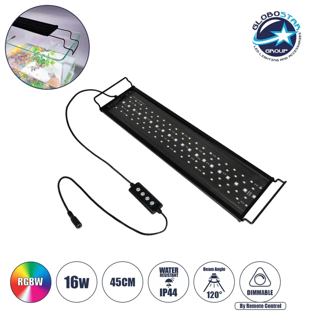 GLOBOSTAR® AQUARIUS 79679 Φωτιστικό Ενυδρείου με Ενσωματωμένο Χειριστήριο LED 16W 800lm 120° AC 220-240V Αδιάβροχο IP44 Πολύχρωμο RGBW Dimmable - Sanan SMD Chip - Μαύρο - Μ45 x Π11 x Υ3cm - 2 Χρόνια Εγγύηση