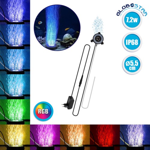 GLOBOSTAR® AQUARIUS 79682 Φωτιστικό Ενυδρείου με Οξυγονωτή LED 7.2W 360lm 180° AC 220-240V Αδιάβροχο IP68 Πολύχρωμο RGB - Sanan SMD Chip - Μαύρο - Μ5.5 x Π5.5 x Υ2.1cm - 2 Χρόνια Εγγύηση