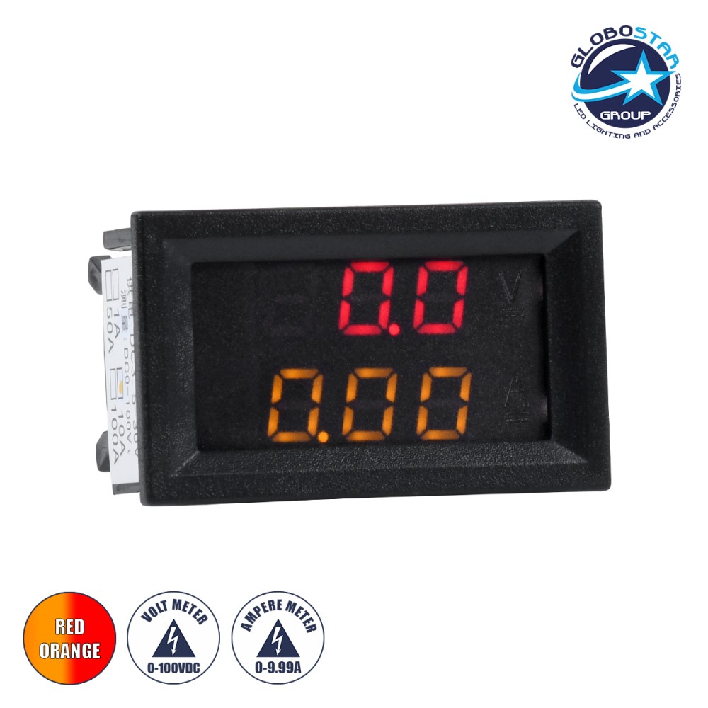 GLOBOSTAR® MONITOR 79988 Ψηφιακό Όργανο Μέτρησης Τάσης Βολτόμετρο από DC 0 έως 100V & Αμπερόμετρο από 0 έως 9.99A με Οθόνη LED IP20 - Μαύρο - Μ5 x Π1.5 x Υ3cm - 2 Χρόνια Εγγύηση