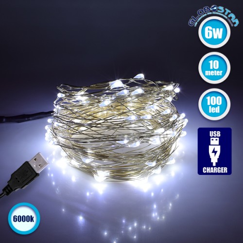 79732 Διακοσμητική Γιρλάντα 10 Μέτρων 100 LED USB 5 Volt 6 Watt με Ασημένιο Συρμάτινο Καλώδιο Ψυχρό Λευκό 6000K