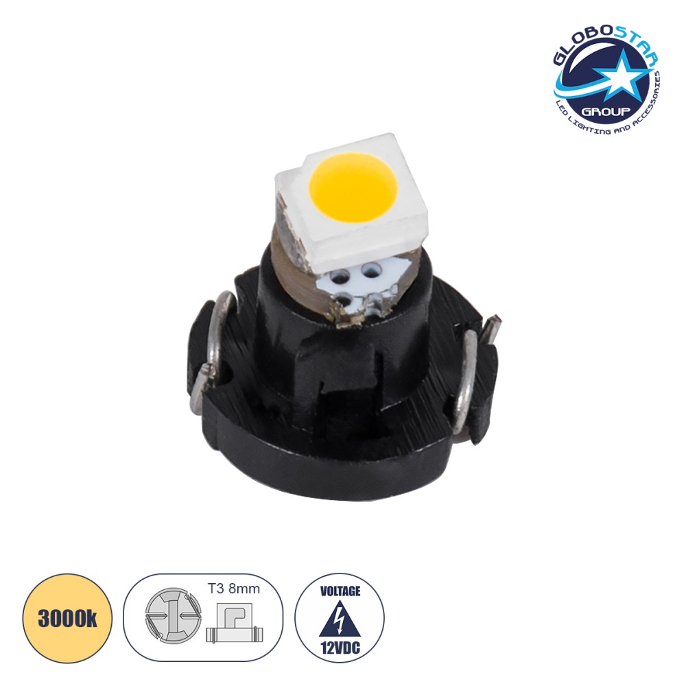 GLOBOSTAR® T3 81002 Λάμπα T3 8mm B8.5d LED 0.12W 9lm 120° DC 12V IP20 Θερμό Λευκό 2700K - 1 x Epistar SMD1210 Chip - Μ0.8 x Π0.8 x Υ0.7cm - 1 Χρόνο Εγγύηση
