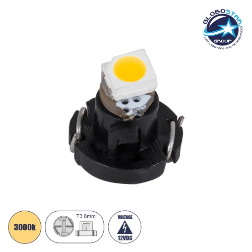 GLOBOSTAR® T3 81002 Λάμπα T3 8mm B8.5d LED 0.12W 9lm 120° DC 12V IP20 Θερμό Λευκό 2700K - 1 x Epistar SMD1210 Chip - Μ0.8 x Π0.8 x Υ0.7cm - 1 Χρόνο Εγγύηση