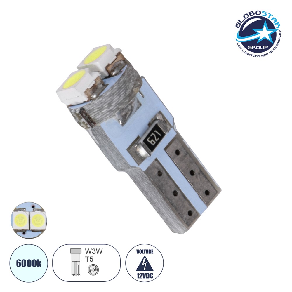 GloboStar® T5 81022 Λάμπα Αυτοκινήτου LED 2xSMD1210 0.6W 90lm 120° DC 12V IP20 Φ0.7 x Υ1.7cm Ψυχρό Λευκό 6000K