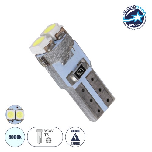 GloboStar® T5 81022 Λάμπα Αυτοκινήτου LED 2xSMD1210 0.6W 90lm 120° DC 12V IP20 Φ0.7 x Υ1.7cm Ψυχρό Λευκό 6000K