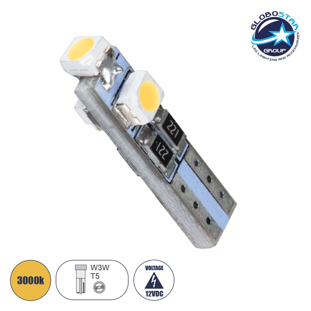 GloboStar® T5 81030 Λάμπα Αυτοκινήτου LED 3xSMD1210 0.48W 18lm 360° DC 12V IP20 Φ0.6 x Υ2cm Θερμό Λευκό 3000K