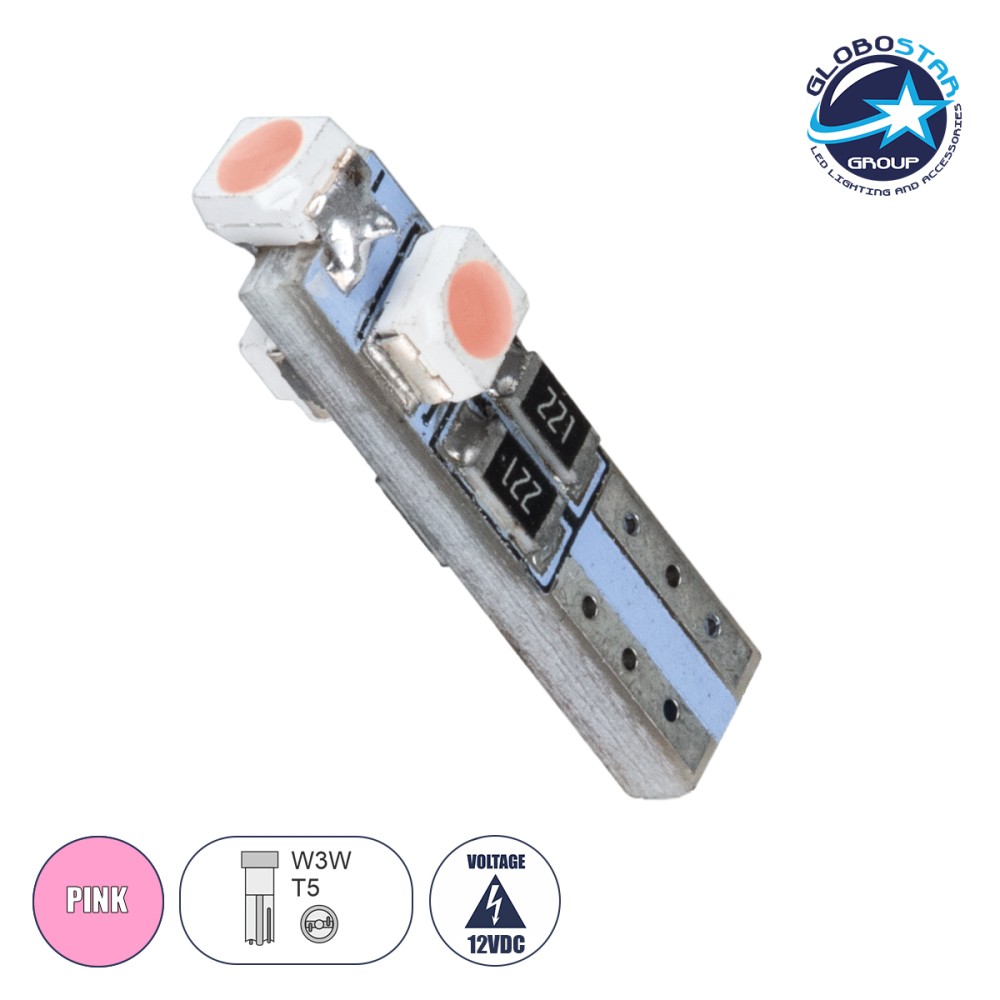 GloboStar® T5 81035 Λάμπα Αυτοκινήτου LED 3xSMD1210 0.48W 18lm 360° DC 12V IP20 Φ0.6 x Υ2cm Ροζ