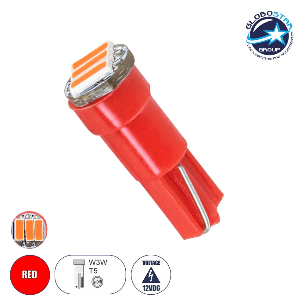GloboStar® T5 81038 Λάμπα Αυτοκινήτου LED 3xSMD4014 1W 30lm 120° DC 12V IP20 Φ0.6 x Υ1.8cm Κόκκινο