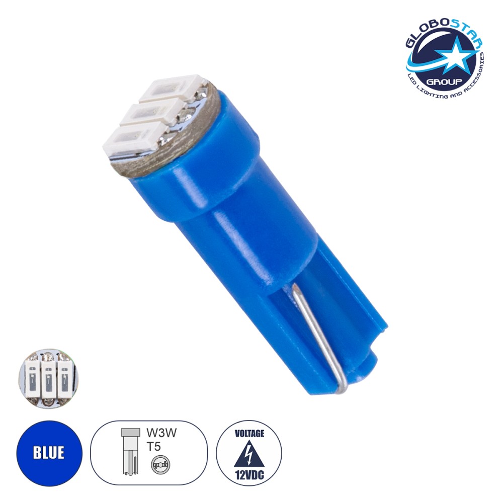 GloboStar® T5  81040 Λάμπα Αυτοκινήτου LED 3xSMD4014 0.9W 120lm 120° DC 12-16V IP20 Φ0.6 x Υ1.8cm Μπλε