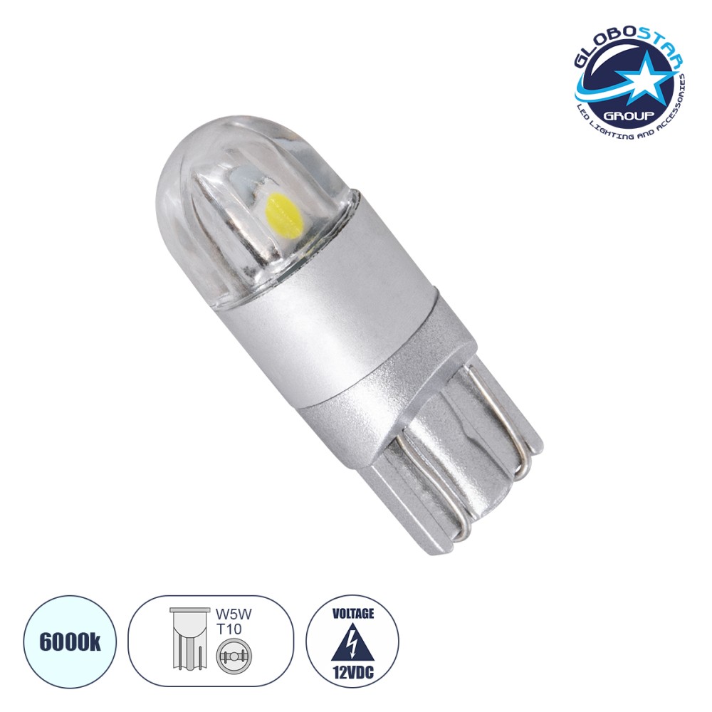 GloboStar® T10 W5W 81043 Λάμπα Αυτοκινήτου LED 2 SMD 3030 0.4W 60lm 360° DC 12-16V IP20 Φ1 x Υ2.5cm Ψυχρό Λευκό 6000K