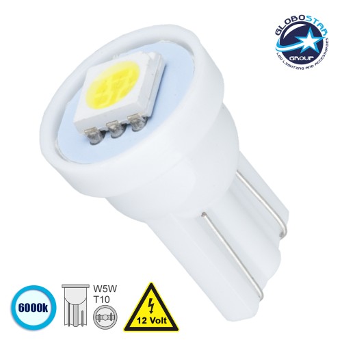 GLOBOSTAR® W5W-T10 81044 Λάμπα W5W T10 LED 0.12W 12lm 120° DC 12V IP20 Ψυχρό Λευκό 6000K - 1 x Epistar SMD5050 Chip - Μ1.1 x Π1.1 x Υ1.7cm - 1 Χρόνο Εγγύηση