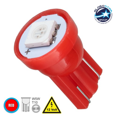 GLOBOSTAR® W5W-T10 81045 Λάμπα W5W T10 LED 0.12W 12lm 120° DC 12V IP20 Κόκκινο - 1 x Epistar SMD5050 Chip - Μ1.1 x Π1.1 x Υ1.7cm - 1 Χρόνο Εγγύηση
