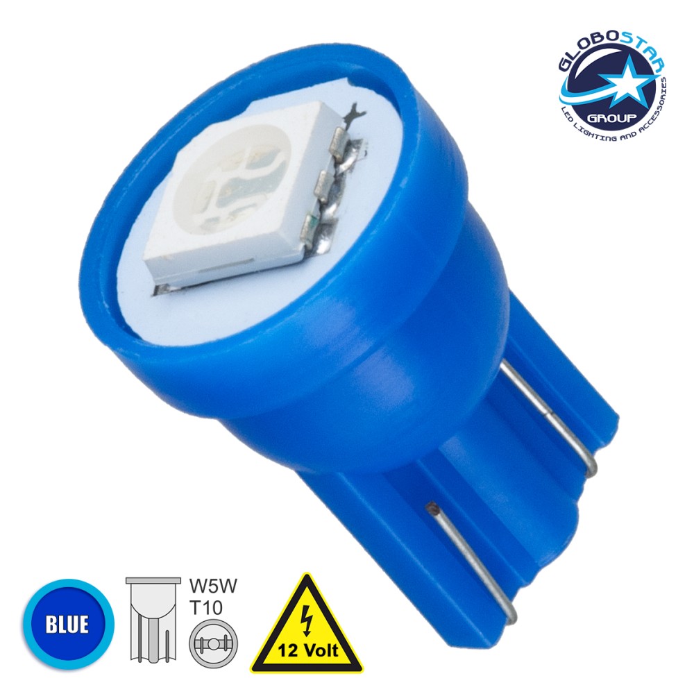 GLOBOSTAR® W5W-T10 81047 Λάμπα W5W T10 LED 0.12W 12lm 120° DC 12V IP20 Μπλε - 1 x Epistar SMD5050 Chip - Μ1.1 x Π1.1 x Υ1.7cm - 1 Χρόνο Εγγύηση