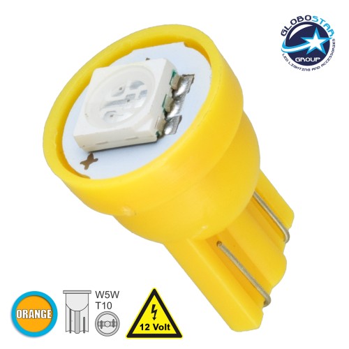 GloboStar® T10 W5W 81048 Λάμπα Αυτοκινήτου LED 1xSMD5050 0.28W 18lm 120° DC 12-16V IP20 Φ1.1 x Υ1.7cm Πορτοκαλί