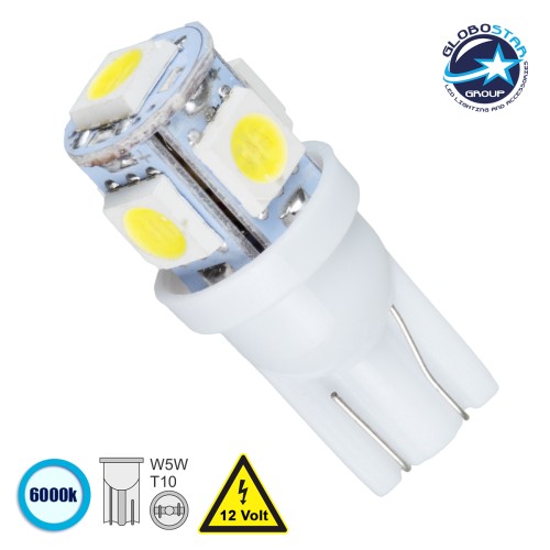 GLOBOSTAR® W5W-T10 81050 Λάμπα W5W T10 LED 0.48W 100lm 360° DC 12V IP20 Ψυχρό Λευκό 6000K - 5 x Epistar SMD5050 Chip - Μ1.2 x Π1.2 x Υ2.7cm - 1 Χρόνο Εγγύηση
