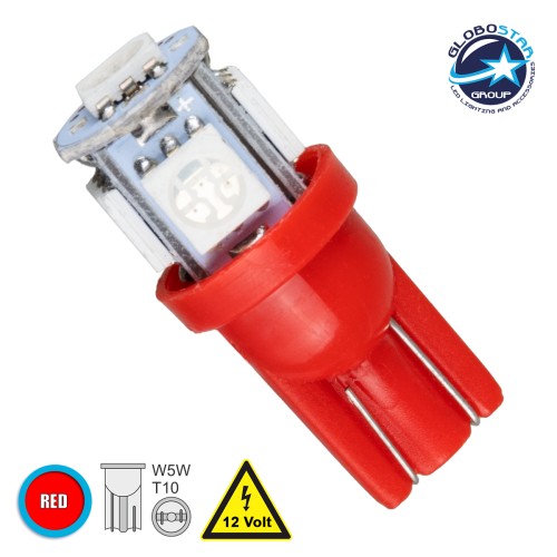 GLOBOSTAR® W5W-T10 81051 Λάμπα W5W T10 LED 0.36W 45lm 360° DC 12V IP20 Κόκκινο - 5 x Epistar SMD5050 Chip - Μ1.2 x Π1.2 x Υ2.7cm - 1 Χρόνο Εγγύηση