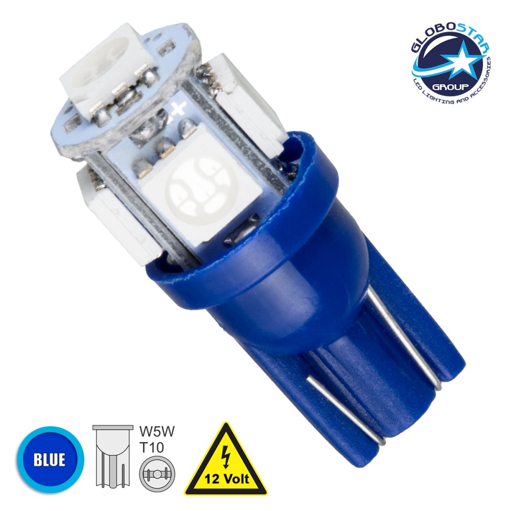 GLOBOSTAR® W5W-T10 81053 Λάμπα W5W T10 LED 0.36W 45lm 360° DC 12V IP20 Μπλε - 5 x Epistar SMD5050 Chip - Μ1.2 x Π1.2 x Υ2.7cm - 1 Χρόνο Εγγύηση