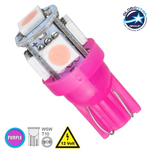 GLOBOSTAR® W5W-T10 81055 Λάμπα W5W T10 LED 0.36W 45lm 360° DC 12V IP20 Ροζ - 5 x Epistar SMD5050 Chip - Μ1.2 x Π1.2 x Υ2.7cm - 1 Χρόνο Εγγύηση