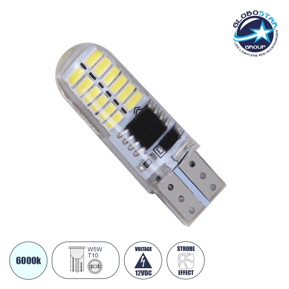 GLOBOSTAR® W5W-T10 81058 Λάμπα W5W T10 LED 1W 192lm 360° DC 12V IP20 Ψυχρό Λευκό 6000K Strobe - 24 x Epistar SMD3014 Chip - Μ1 x Π1 x Υ3.2cm - 1 Χρόνο Εγγύηση