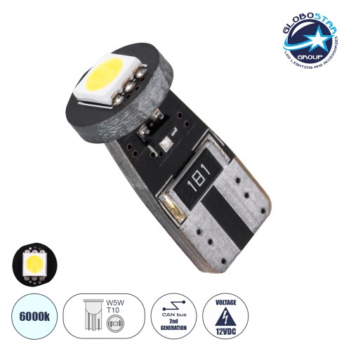 GloboStar® T10 W5W 81080 Λάμπα Αυτοκίνητου LED  2rd Generation Can-Bus Series 1xSMD5050 1W 22lm 120° DC 12V IP20 Φ1 x H2.2cm Ψυχρό Λευκό 6000K