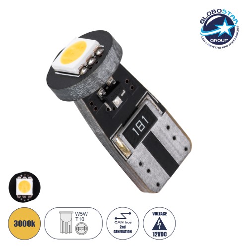 GloboStar® T10 W5W 81081 Λάμπα Αυτοκίνητου LED  2rd Generation Can-Bus Series 1xSMD5050 1W 22lm 120° DC 12V IP20 Φ1 x H2.2cm Θερμό Λευκό 3000K