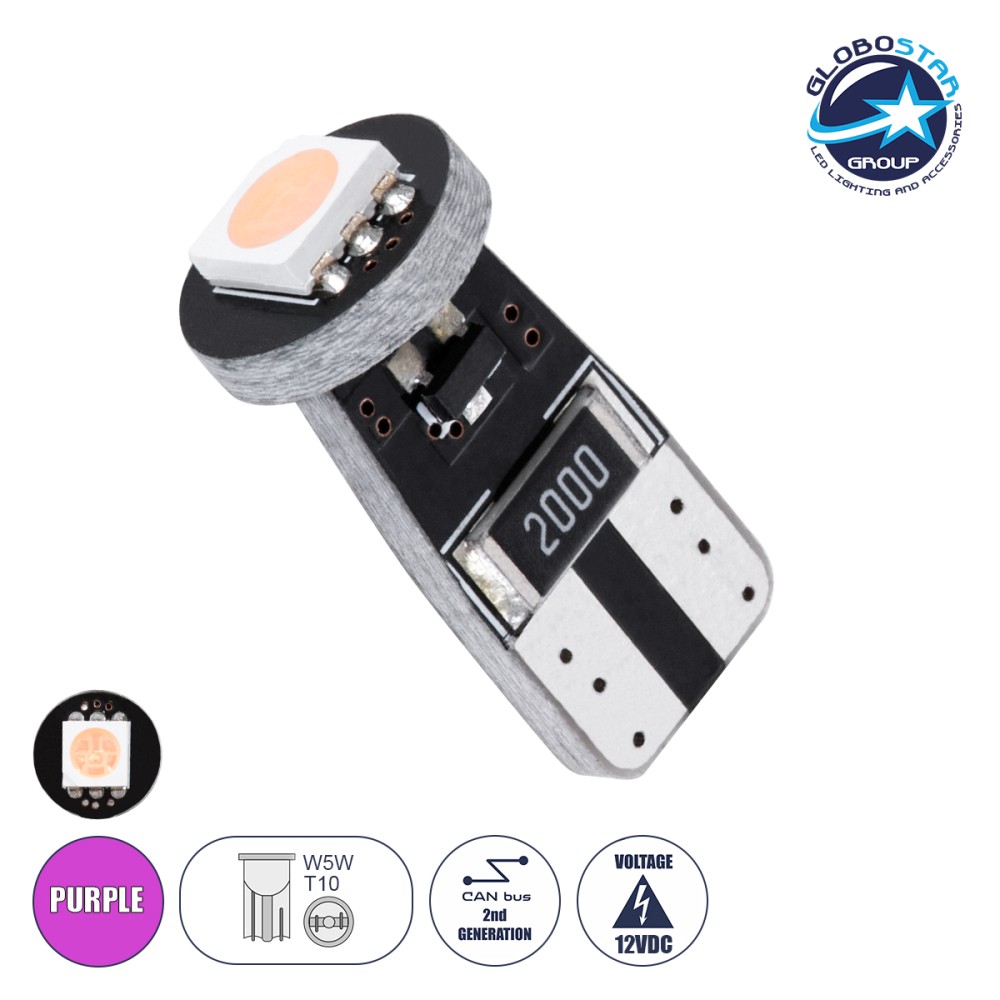 GloboStar® T10 W5W 11151 Λάμπα Αυτοκίνητου LED  2rd Generation Can-Bus Series 1xSMD5050 1.5W 120lm 120° DC 12V IP20 Φ1 x H2.2cm Ροζ