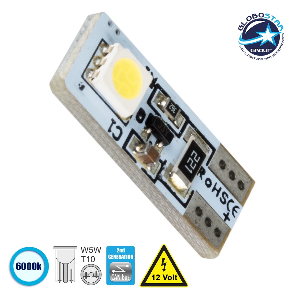 GloboStar® T10 W5W 81087 Λάμπα Αυτοκίνητου  2rd Generation Can-Bus Series LED 2 SMD 5050 1.2W 40lm 360° DC 12V IP20 Ψυχρό Λευκό 6000K