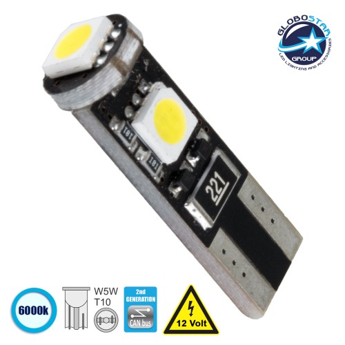 GloboStar® T10 W5W 81088 Λάμπα Αυτοκίνητου  2rd Generation Can-Bus Series LED 3 SMD 5050 2W 300lm 360° DC 12V IP20 Ψυχρό Λευκό 6000K
