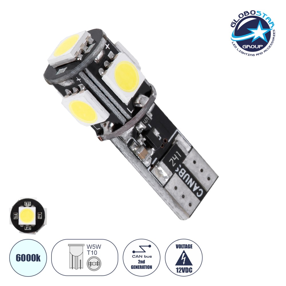 GloboStar® T10 W5W 81089 Λάμπα Αυτοκίνητου LED  2rd Generation Can-Bus Series 5xSMD5050 1.8W 100lm 360° DC 12V IP20 Φ1.1 x Υ2.7cm Ψυχρό Λευκό 6000K