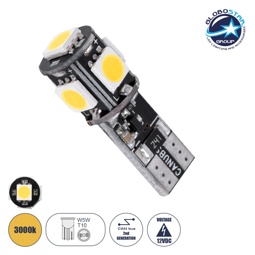 GloboStar® T10 W5W 81090 Λάμπα Αυτοκίνητου LED  2rd Generation Can-Bus Series 5xSMD5050 1.80W 100lm 360° DC 12V IP20 Φ1.1 x Υ2.7cm Θερμό Λευκό 3000K
