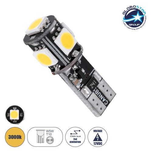 GloboStar® T10 W5W 81090 Λάμπα Αυτοκίνητου LED  2rd Generation Can-Bus Series 5xSMD5050 1.80W 100lm 360° DC 12V IP20 Φ1.1 x Υ2.7cm Θερμό Λευκό 3000K