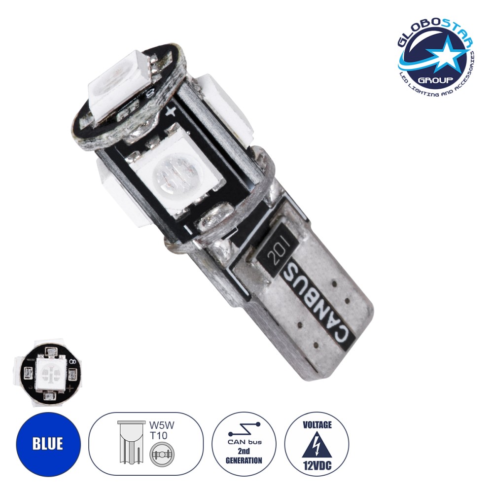 GloboStar® T10 W5W 25000 Λάμπα Αυτοκίνητου LED  2rd Generation Can-Bus Series 5xSMD5050 2.30W 240lm 360° DC 12V IP20 Φ1.1 x Υ2.7cm Μπλε