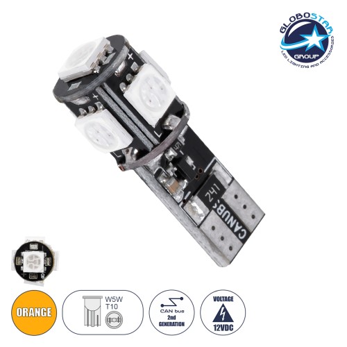 GloboStar® T10 W5W 08050 Λάμπα Αυτοκίνητου LED  2rd Generation Can-Bus Series 5xSMD5050 2.30W 240lm 360° DC 12V IP20 Φ1.1 x Υ2.7cm Πορτοκαλί