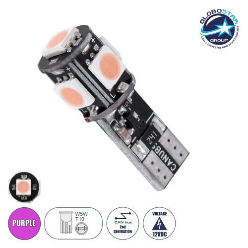 GloboStar® T10 W5W 81095 Λάμπα Αυτοκίνητου LED  2rd Generation Can-Bus Series 5xSMD5050 1.80W 50lm 360° DC 12V IP20 Φ1.1 x Υ2.7cm Ροζ