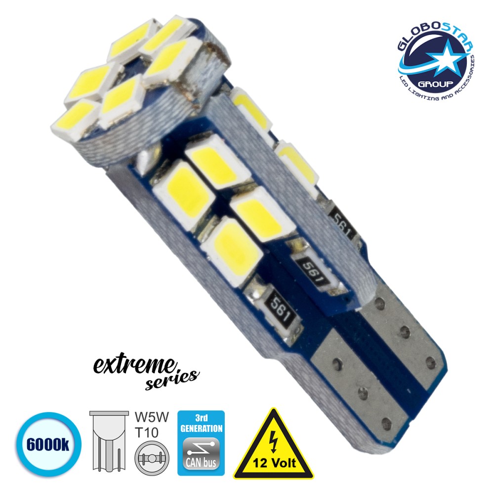 GloboStar® T10 W5W 81103 Λάμπα Αυτοκίνητου  3rd Generation Can-Bus Extreme Series LED 22 SMD 2835 3.2W 440lm 360° DC 12V IP20 Ψυχρό Λευκό 6000K
