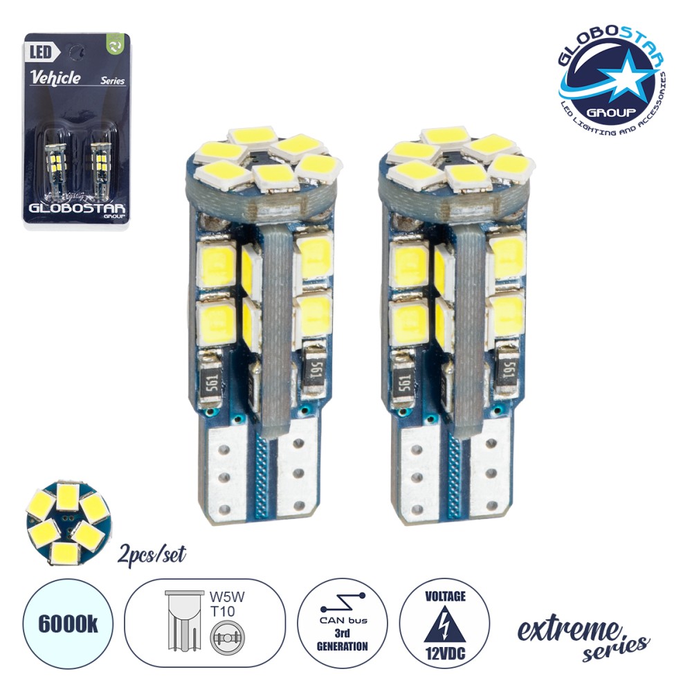 GLOBOSTAR® W5W-T10 81103-B Λάμπα W5W T10 CANbus LED 3.2W/6.4W 432lm/864lm 360° DC 12V IP20 Ψυχρό Λευκό 6000K - 24 x Epistar SMD2835 Chip - Μ1.1 x Π1.1 x Υ2.8cm - Πακέτο Blister 2 Τεμαχίων - 1 Χρόνο Εγγύηση