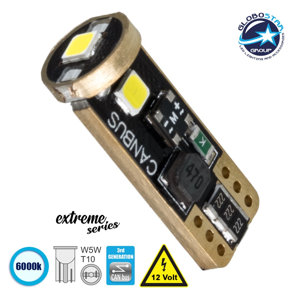 GloboStar® T10 W5W 81115 Λάμπα Αυτοκίνητου  3rd Generation Can-Bus Extreme Series LED 3 SMD 3030 2W 150lm 360° DC 12V IP20 Ψυχρό Λευκό 6000K