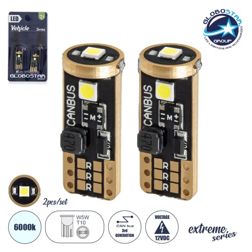 GloboStar® T10 W5W 81115-B Λάμπες Αυτοκινήτου LED  3rd Generation Can-Bus Extreme Series 3xSMD3030 2W/4W 150lm/300lm 360° DC 12V IP20 Φ1 x Υ2.5cm Ψυχρό Λευκό 6000K - Σετ 2 Τεμαχίων σε Blister