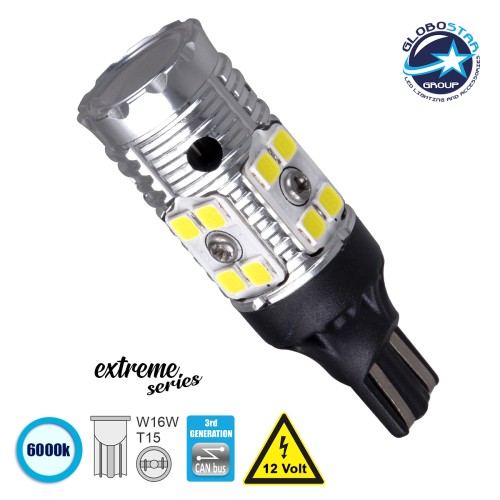 GloboStar® T15 W16W 81131 Λάμπα Αυτοκίνητου T15 - W16W 3rd Generation Can-Bus Extreme Series LED 16 SMD 3030 13.5W 640lm 360° DC 12V IP20 Ψυχρό Λευκό 6000K