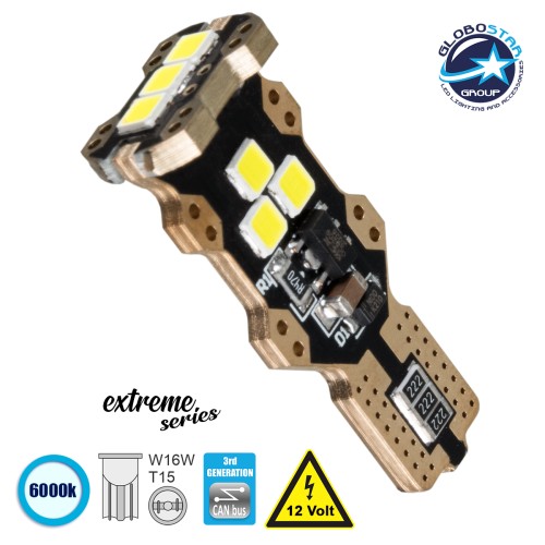 GloboStar® T15 W16W 81132 Λάμπα Αυτοκίνητου T15 - W16W 3rd Generation Can-Bus Extreme Series LED 9 SMD 3030 3.36W 337lm 360° DC 12V IP20 Ψυχρό Λευκό 6000K