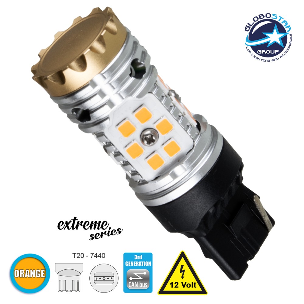 GloboStar® 81150 Λάμπα Αυτοκίνητου T20 - 7440 - W21W 3rd Generation Can-Bus Extreme Series LED 30 SMD 3030 24W 2880lm 360° DC 12V IP20 Πορτοκαλί