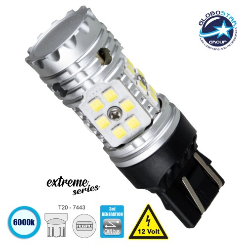 GloboStar® 81151 Λάμπα Αυτοκίνητου T20 - 7443 - W21/5W 3rd Generation Can-Bus Extreme Series LED 30 SMD 3030 24W 3600lm 360° DC 12V IP20 Ψυχρό Λευκό 6000K