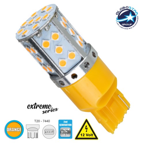 GloboStar® 81154 Λάμπα Αυτοκίνητου T20 - 7440 - W21W 2nd Generation Can-Bus Extreme Series LED 35 SMD 3030 17W 2040lm 360° DC 12V IP20 Πορτοκαλί