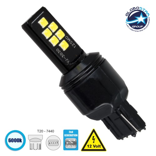 GloboStar® 81157 Λάμπα Αυτοκίνητου T20 - 7440 - W21W 2nd Generation Can-Bus Series LED 12 SMD 3030 8W 1200lm 360° DC 12V IP20 Ψυχρό Λευκό 6000K