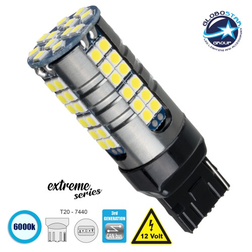 GLOBOSTAR® W21W-T20 81161 Λάμπα W21W T20 7440 CANbus LED 19W 2100lm 360° DC 12V IP20 Ψυχρό Λευκό 6000K - 66 x Epistar SMD3030 Chip - Μ2.1 x Π2.1 x Υ5.8cm - 1 Χρόνο Εγγύηση